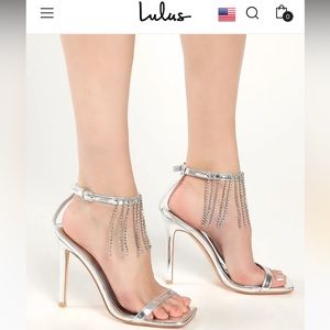 Lilyco Silver Patent Rhinestone Fringe High Heel Sandals 4.5” inch heel